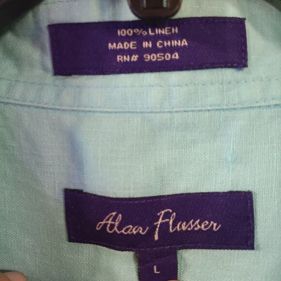 Alan Flusser Mens Short Sleeve Button Shirt Sz. Lrg /Aqua Blue/100% Linen/Pocket - Picture 3 of 4